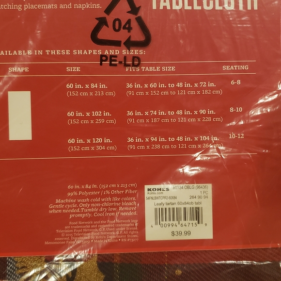 Food Network Leafy Tartan Tablecloth 60'' x 84 in. (Kohls) NWT - Picture 4 of 10